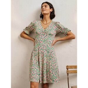 Boden Puff Sleeve Floral Print Jersey Mini Dress Size 8 V Neck Spring Coquette